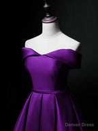 Purple Sweetheart Satin Off Shoulder Homecoming Dress, Purple Short Prom Dresses