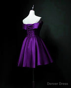 Purple Sweetheart Satin Off Shoulder Homecoming Dress, Purple Short Prom Dresses