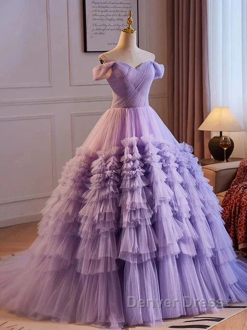 Purple Sweetheart Tulle Layers Sweet 16 Dresses Long Prom Dresses A Line Off Shoulder Solid Color