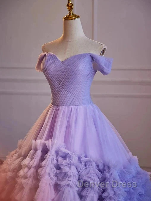 Purple Sweetheart Tulle Layers Sweet 16 Dresses Long Prom Dresses A Line Off Shoulder Solid Color