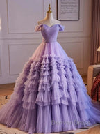 Purple Sweetheart Tulle Layers Sweet 16 Dresses Long Prom Dresses A Line Off Shoulder Solid Color