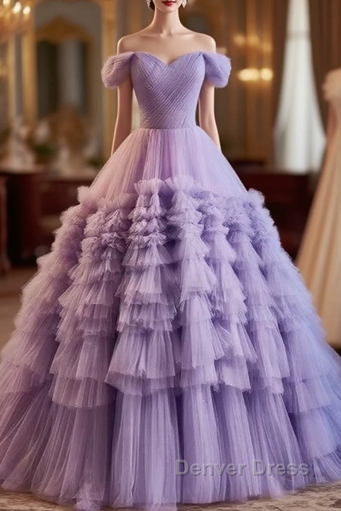 Purple Sweetheart Tulle Layers Sweet 16 Dresses Long Prom Dresses A Line Off Shoulder Solid Color Main image