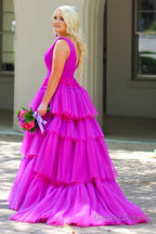 Purple Tiered Tulle A Line Prom Dresses