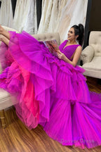 Purple Tiered Tulle A Line Prom Dresses