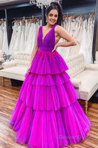 Purple Tiered Tulle A Line Prom Dresses