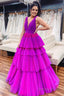 Purple Tiered Tulle A Line Prom Dresses