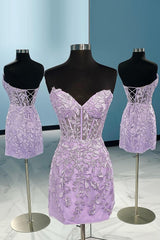 purple tight short homecoming dress with appliques