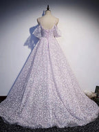 Purple Tulle A Line Long Prom Dresses Formal Dresses With Flowers December Wedding Guest Dresses