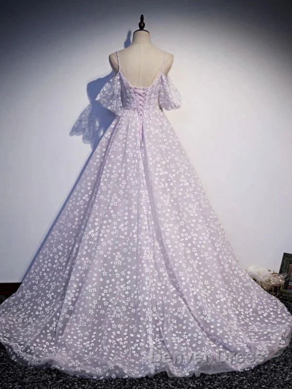 Purple Tulle A Line Long Prom Dresses Formal Dresses With Flowers December Wedding Guest Dresses