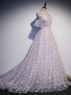 Purple Tulle A Line Long Prom Dresses Formal Dresses With Flowers December Wedding Guest Dresses