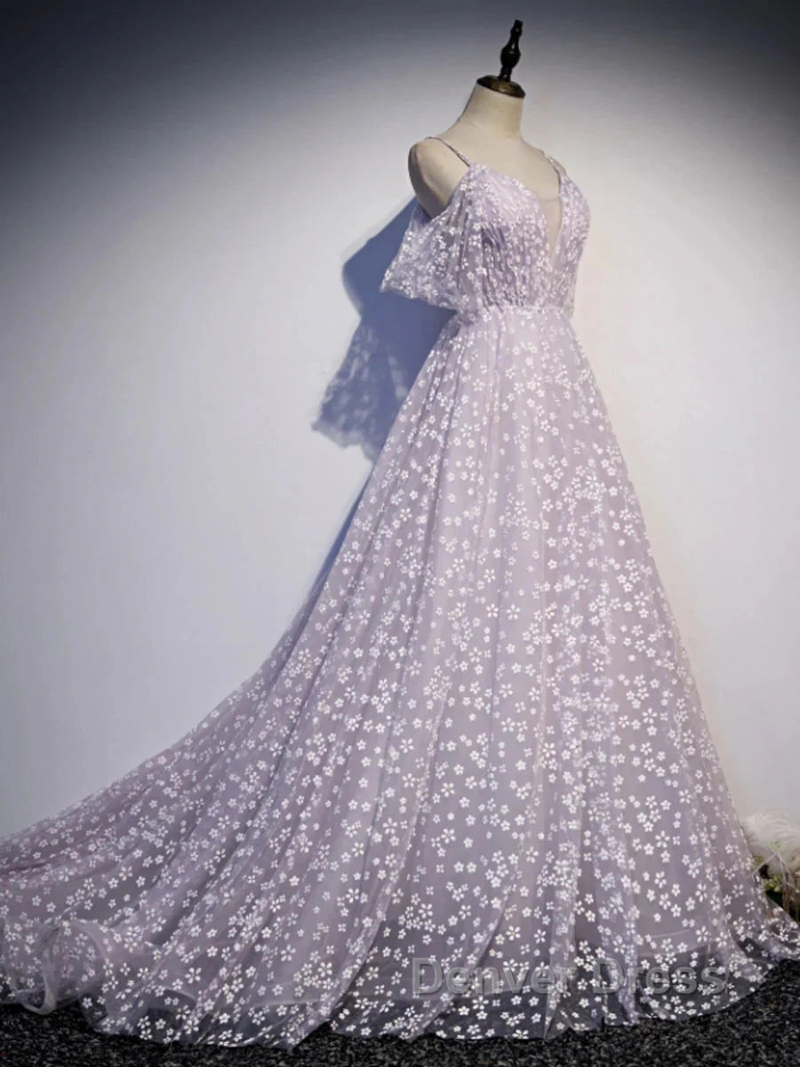 Purple Tulle A Line Long Prom Dresses Formal Dresses With Flowers December Wedding Guest Dresses