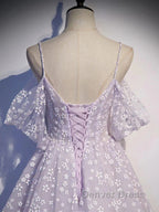 Purple Tulle A Line Long Prom Dresses Formal Dresses With Flowers December Wedding Guest Dresses