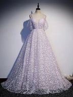 Purple Tulle A Line Long Prom Dress Prom Dress With Flowers December Wedding Guest Dresses