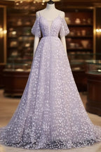 Purple Tulle A Line Long Prom Dresses Formal Dresses With Flowers December Wedding Guest Dresses