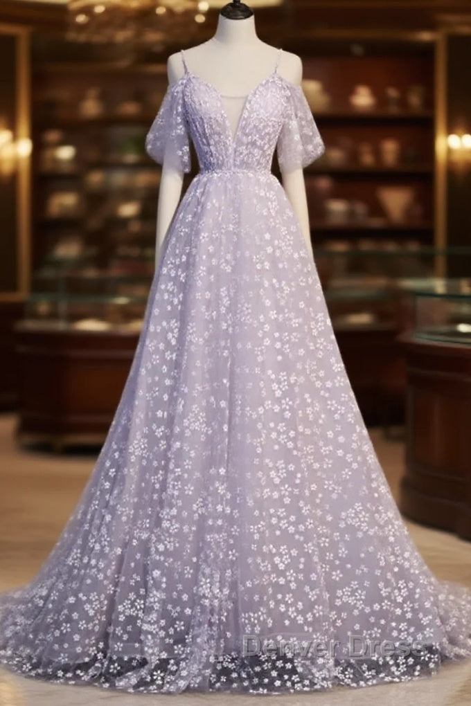 Purple Tulle A Line Long Prom Dress Prom Dress With Flowers December Wedding Guest Dresses