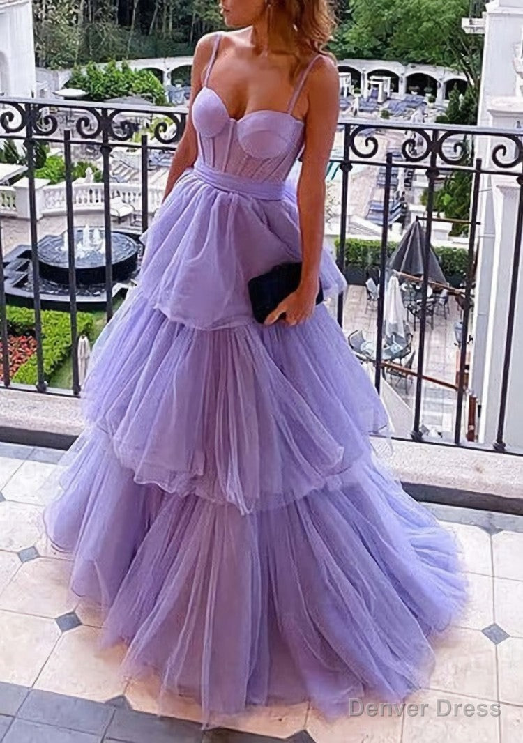 Purple Tulle A Line Spaghetti Straps Prom Dress, Long Prom Dress,Dresses for Prom events