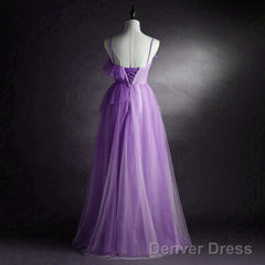 Purple Tulle A-Line Straps Long Formal Dress, Purple Floor Length Prom Dress