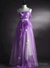Purple Tulle A-Line Straps Long Formal Dress, Purple Floor Length Prom Dress