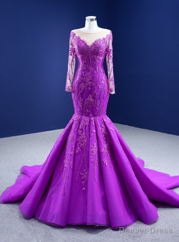 Purple Tulle Appliques Long Sleeve Prom Dresses Main image