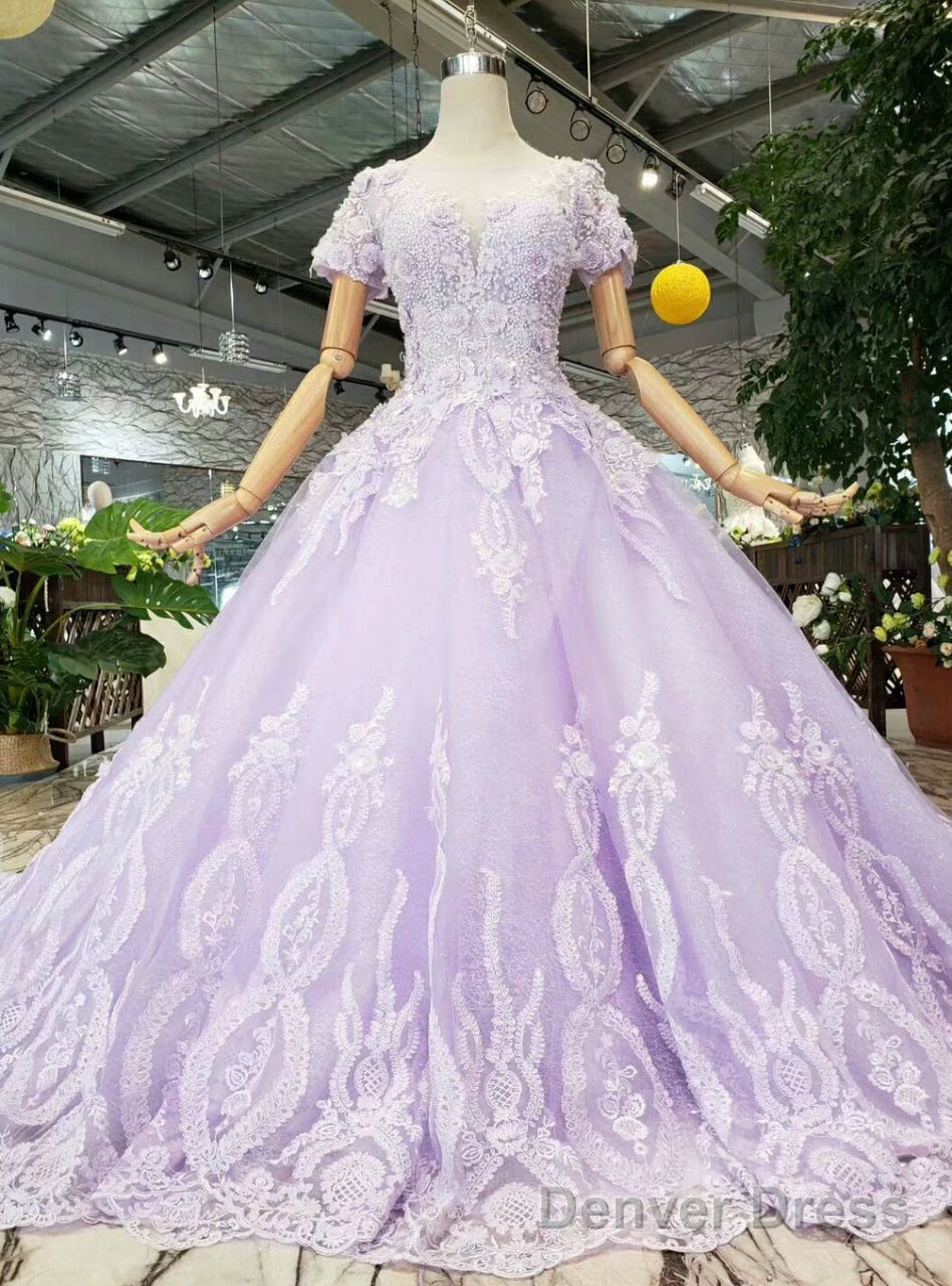 Purple Tulle Appliques Short Sleeve Prom Wedding Dress With Beading Main image