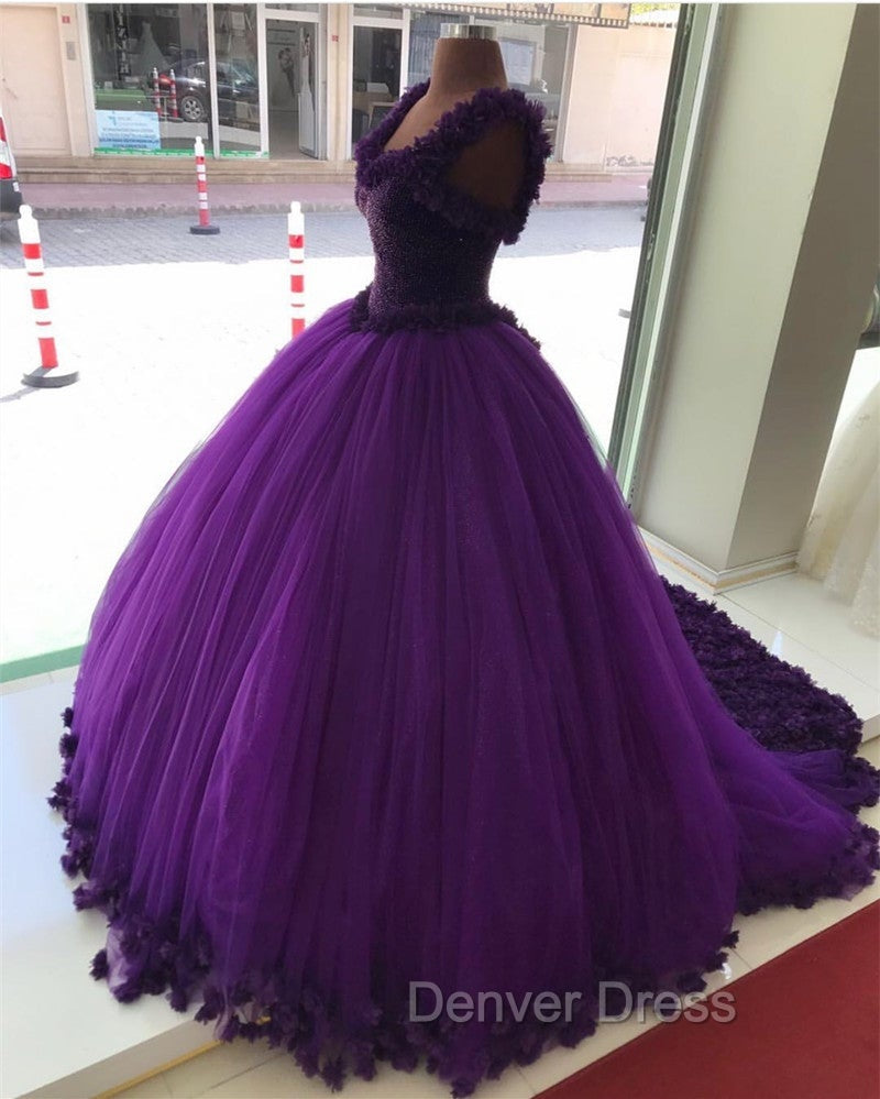 Purple Tulle Ball Gowns Flower Wedding Dresses Crystal Beaded Bodice Secondary image