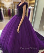 Purple Tulle Ball Gown Flower Wedding Dresses Crystal Beaded Bodice