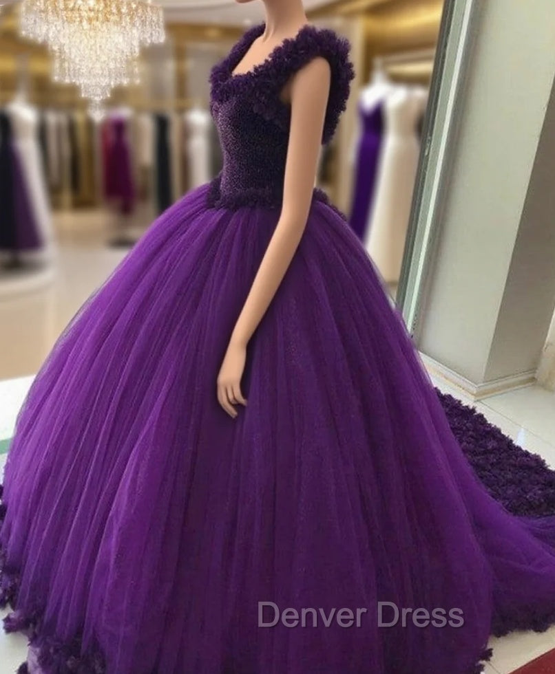 Purple Tulle Ball Gown Flower Wedding Dresses Crystal Beaded Bodice