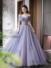 Purple Tulle Beaded Floor Length Prom Dress, Off Shoulder A-Line Evening Dress
