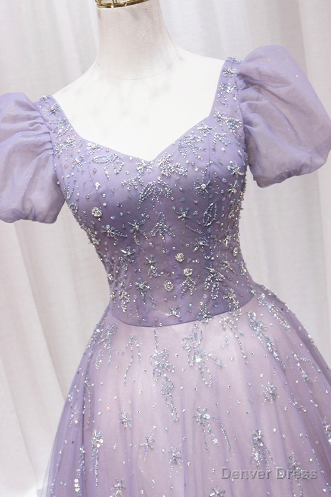 Purple Tulle Beaded Long Prom Dress, Cute A Line Prom Dresses