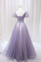 Purple Tulle Beaded Long Prom Dress, Cute A Line Prom Dresses