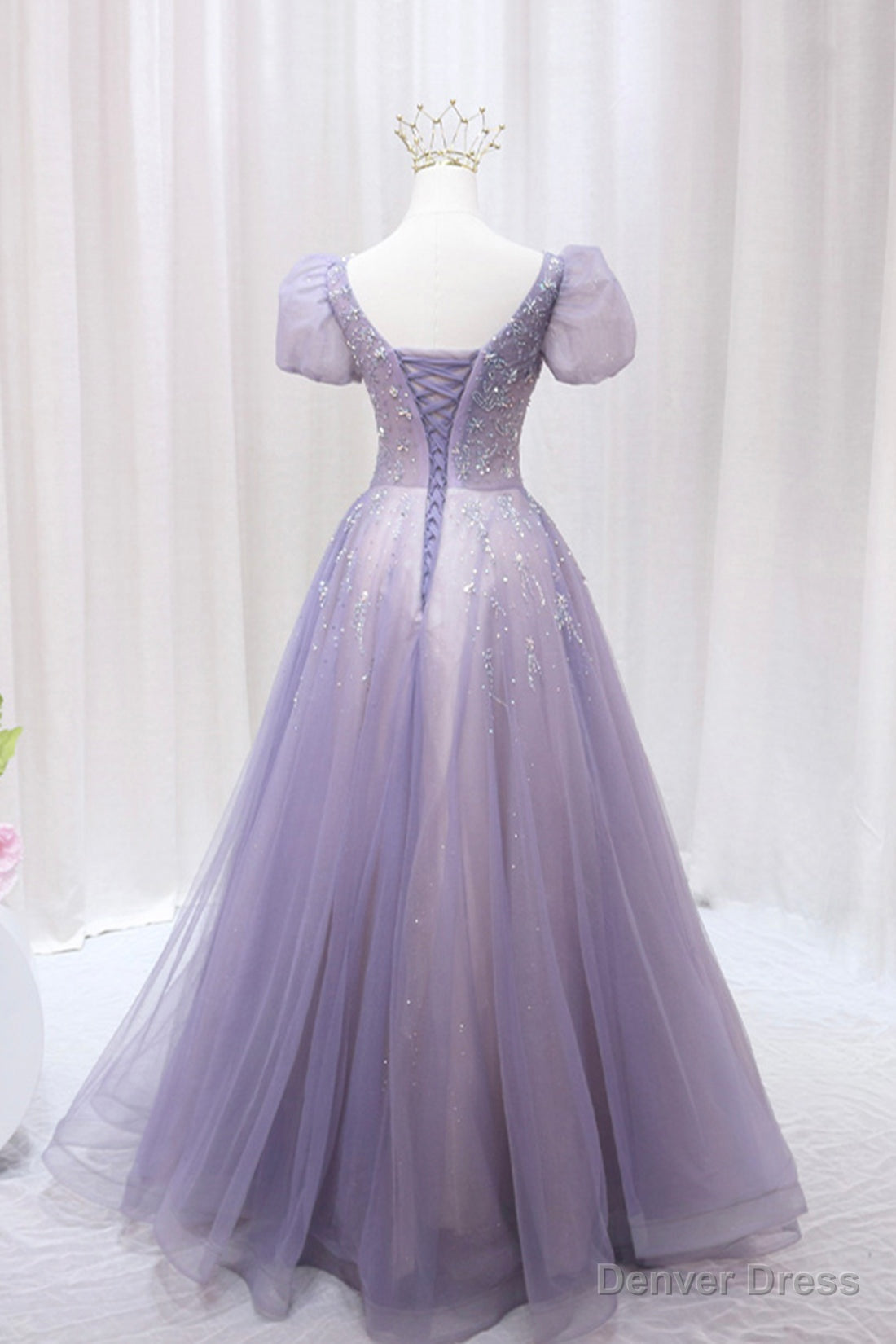 Purple Tulle Beaded Long Prom Dress, Cute A Line Prom Dresses