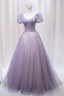 Purple Tulle Beaded Long Prom Dress, Cute A Line Prom Dresses