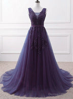 Purple Tulle Beaded Long Formal Party Dress, Dark Purple Evening Dress