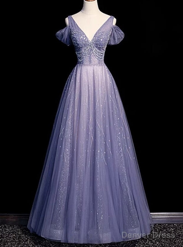 Purple Tulle Deep V-neck Beading Prom Dress Main image