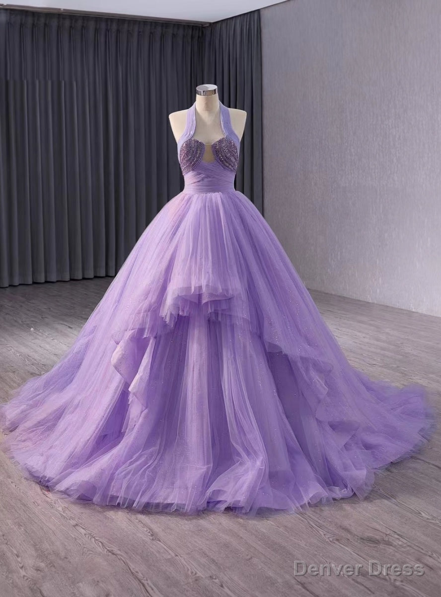 Purple Tulle Halter Pleats Beading Seqiuns Prom Dress Main image