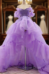 Purple tulle high low prom Dresses, purple evening Dresses