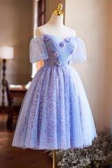Purple Tulle Knee Length Prom Dress, Lovely Off The Shoulder Party Dress