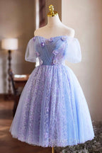 Purple Tulle Knee Length Prom Dresses, Lovely Off The Shoulder Party Dresses