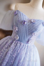 Purple Tulle Knee Length Prom Dresses, Lovely Off The Shoulder Party Dresses