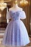 Purple Tulle Knee Length Prom Dresses, Lovely Off The Shoulder Party Dresses