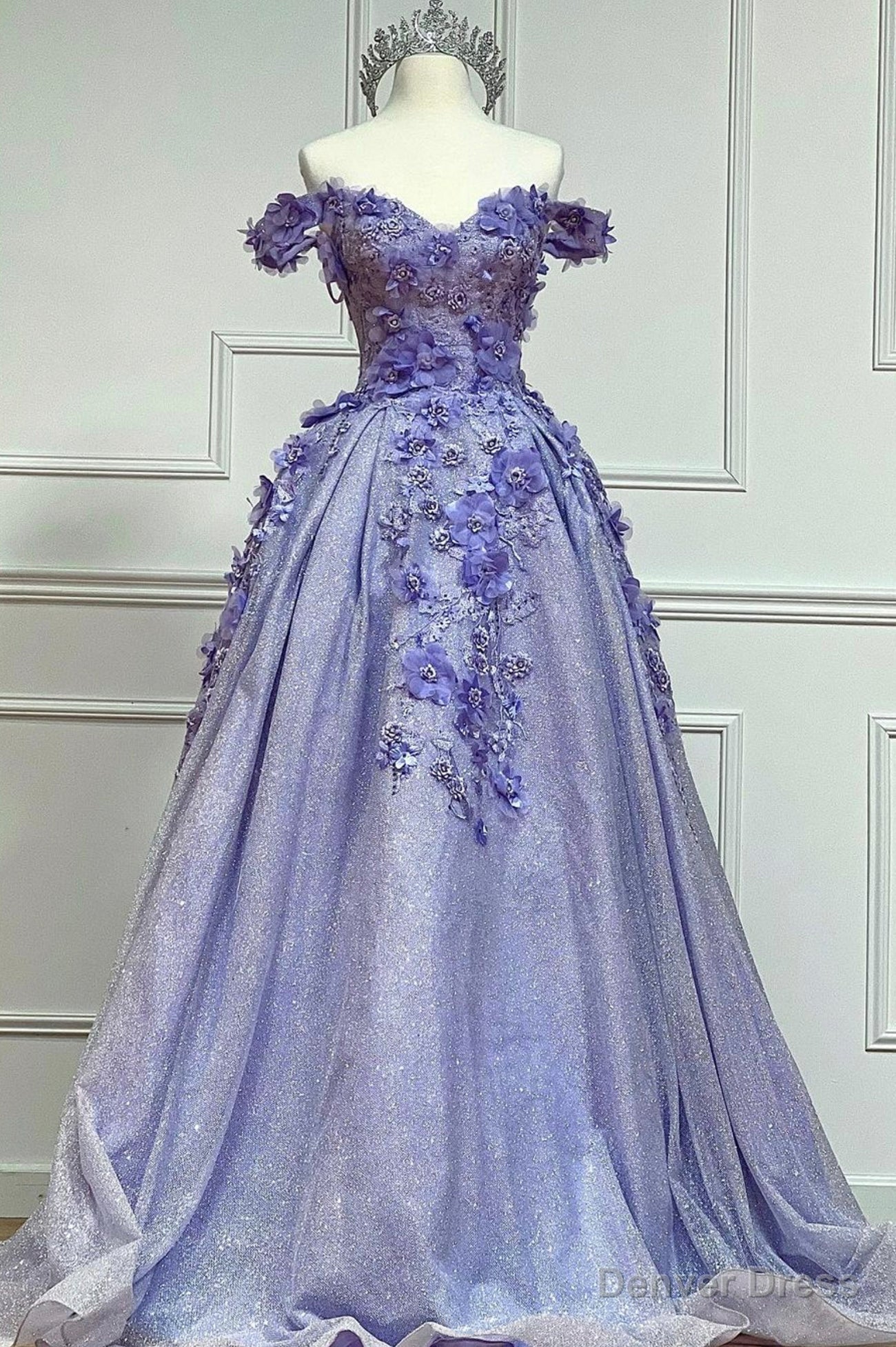 Purple Tulle Lace Floor Length Prom Dress, Off the Shoulder Prom Dresses
