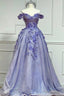 Purple Tulle Lace Floor Length Prom Dress, Off the Shoulder Prom Dresses
