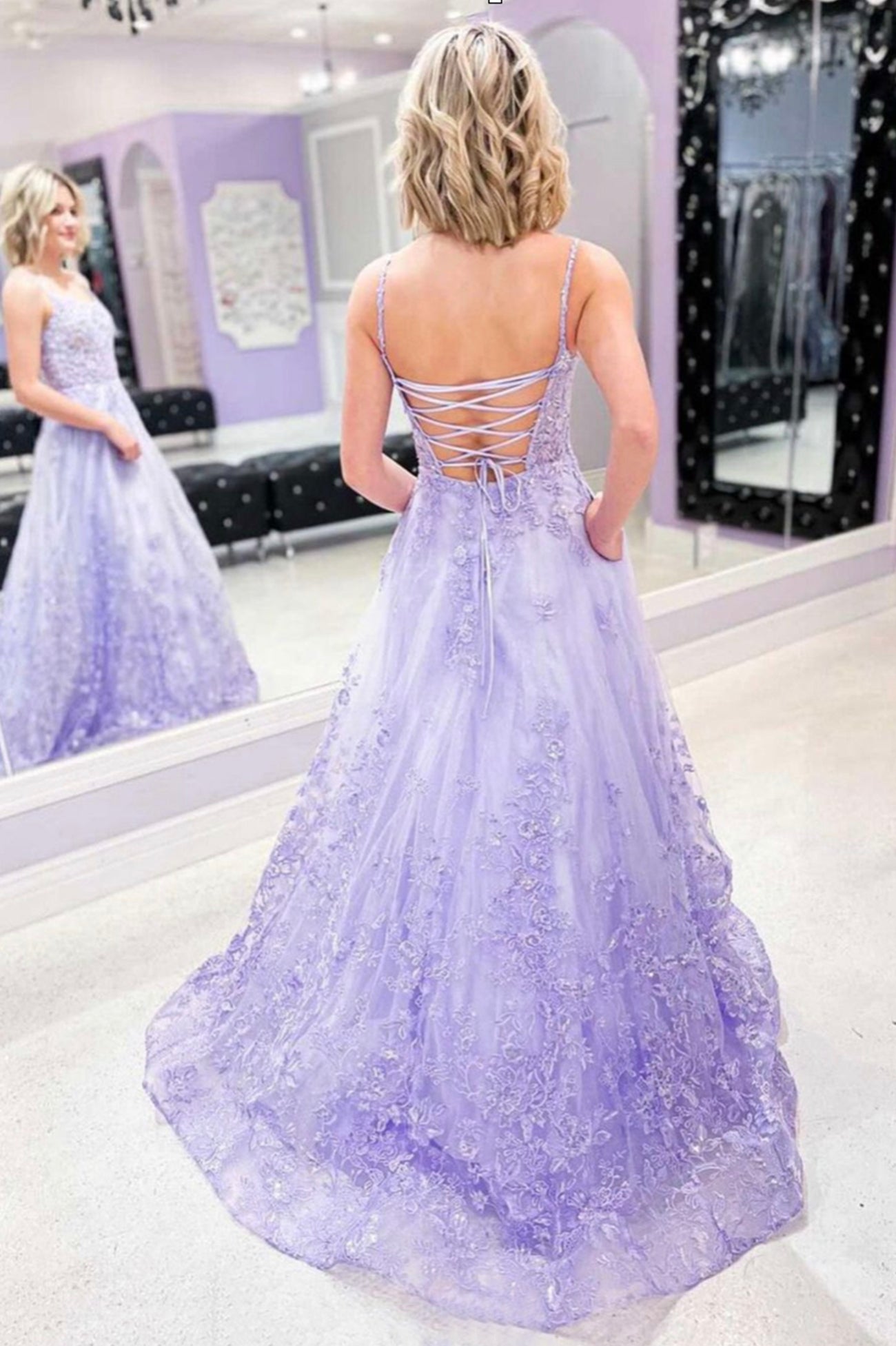 Purple Tulle Lace Long Prom Dress, A-Line Purple Graduation Prom Dresses Secondary image