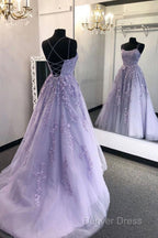 Purple Tulle Lace Long Prom Dresses Formal Dresses
