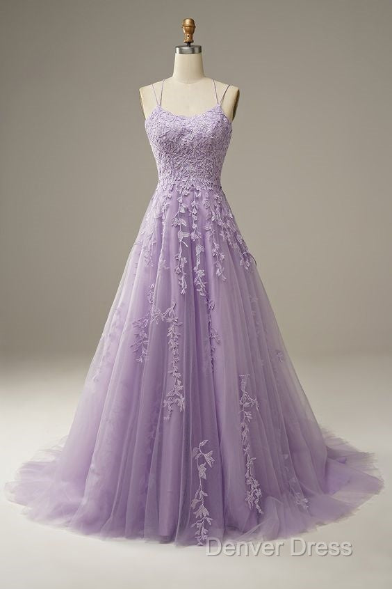 Purple Tulle Lace Long Prom Dresses Formal Dresses