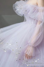 Purple Tulle Layers Long A-Line Prom Dress, Cute Long Sleeve Evening Gown