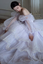 Purple Tulle Layers Long A-Line Prom Dress, Off The Shoulder Evening Gown