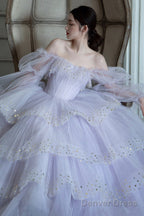 Purple Tulle Layers Long A-Line Prom Dress, Off The Shoulder Evening Gown