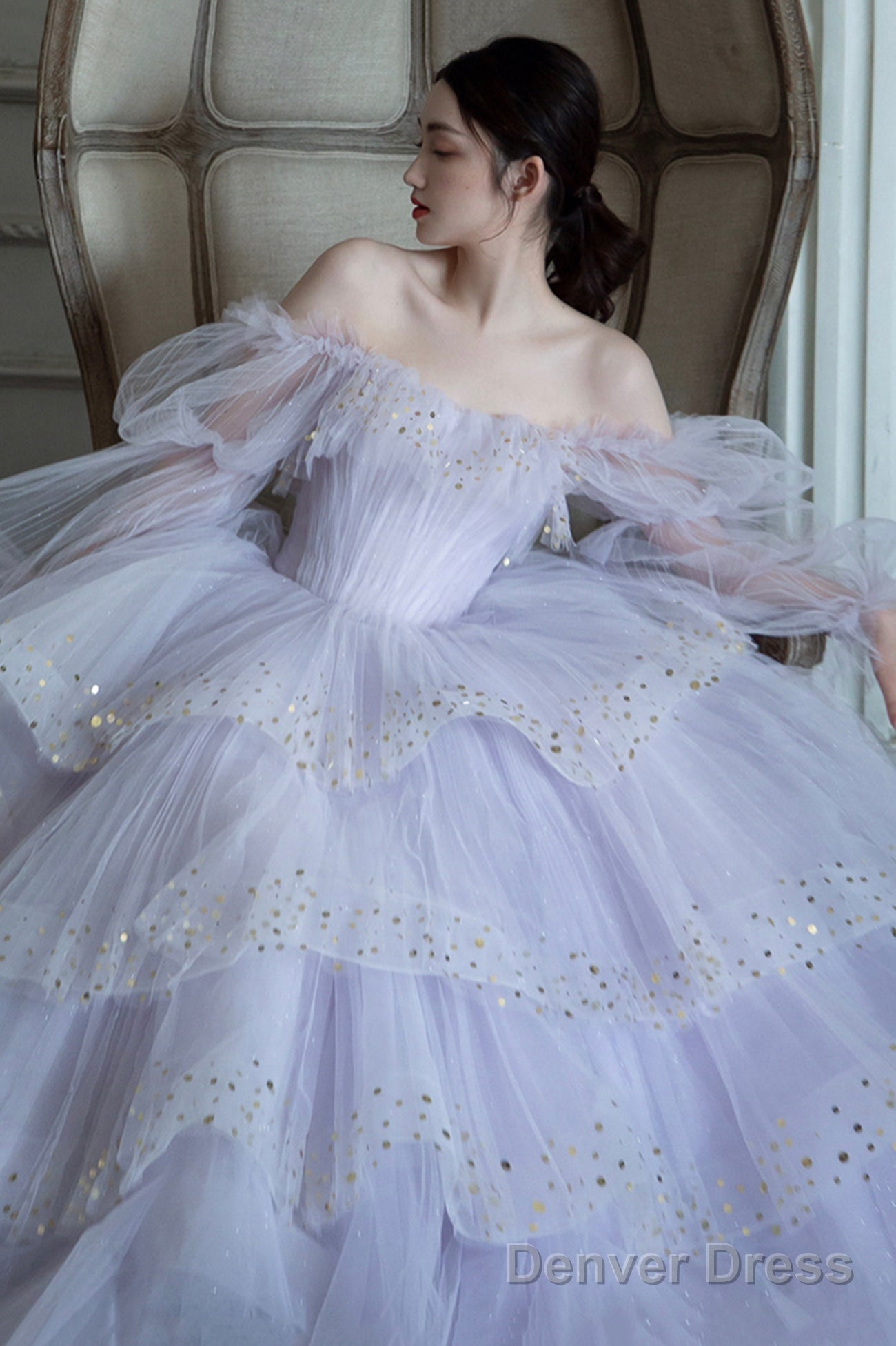 Purple Tulle Layers Long A-Line Prom Dress, Off The Shoulder Evening Gown