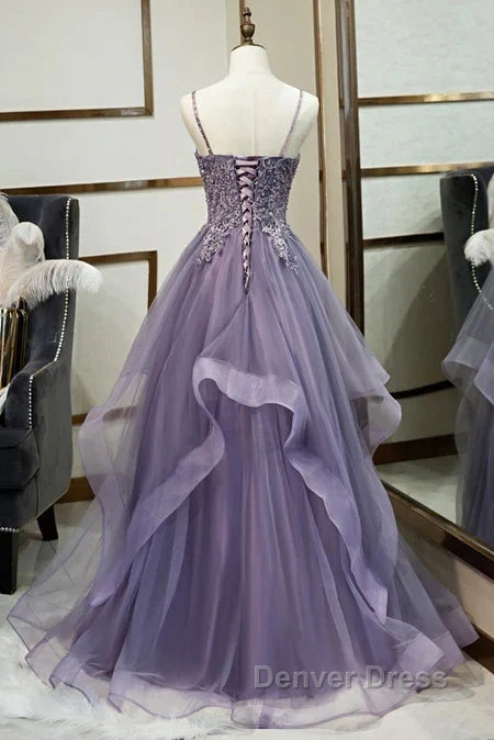 Purple Tulle Layers Long Formal Gown Lace Applique Party Dresses A Line Floor Length Prom Dresses Secondary image